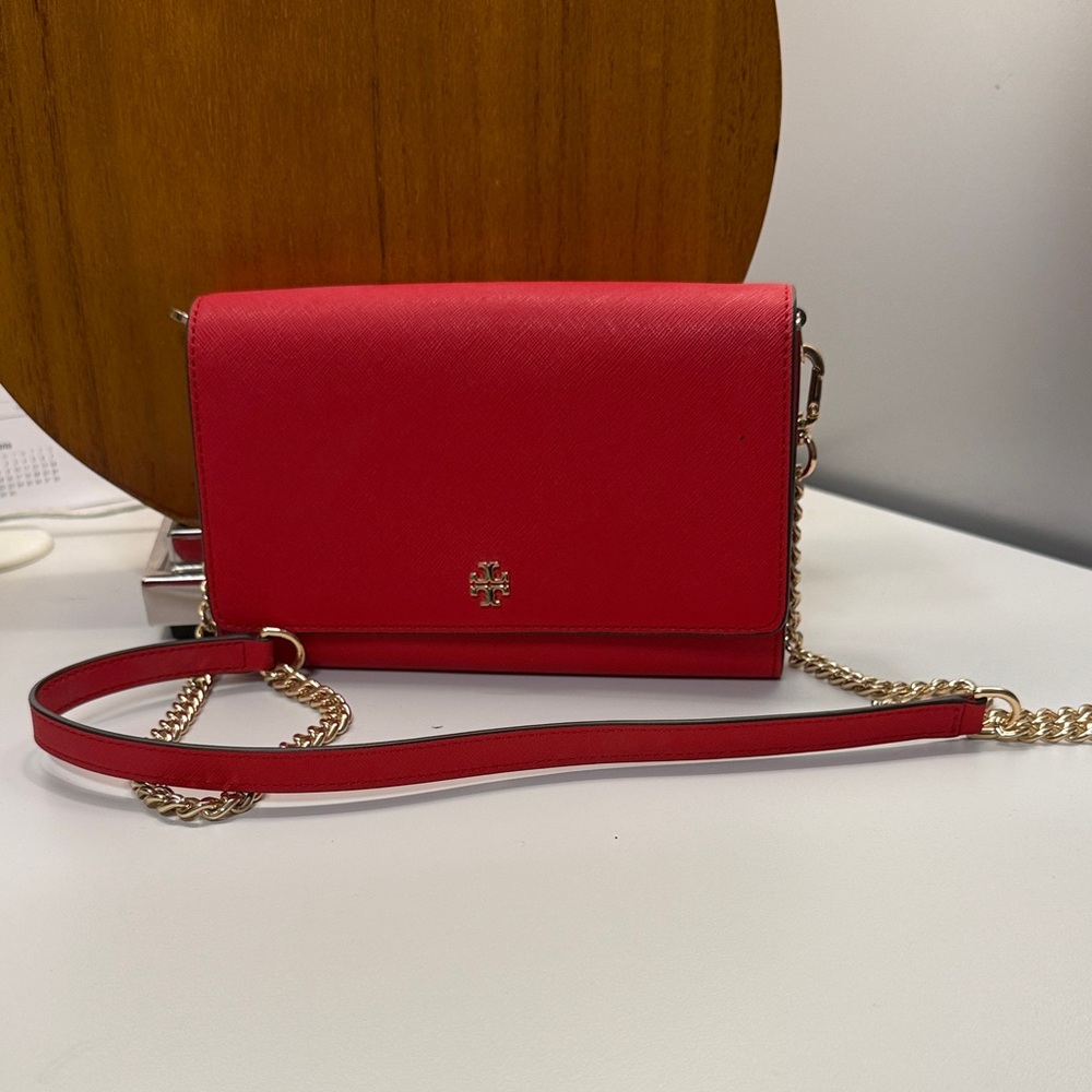 Tory Burch Red Crossbody Wallet with Gold Chain